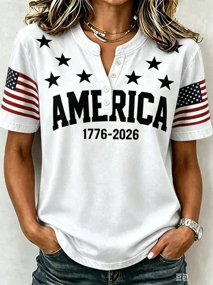 Women's 1776 Independence Day Flag Print Casual T-shirt