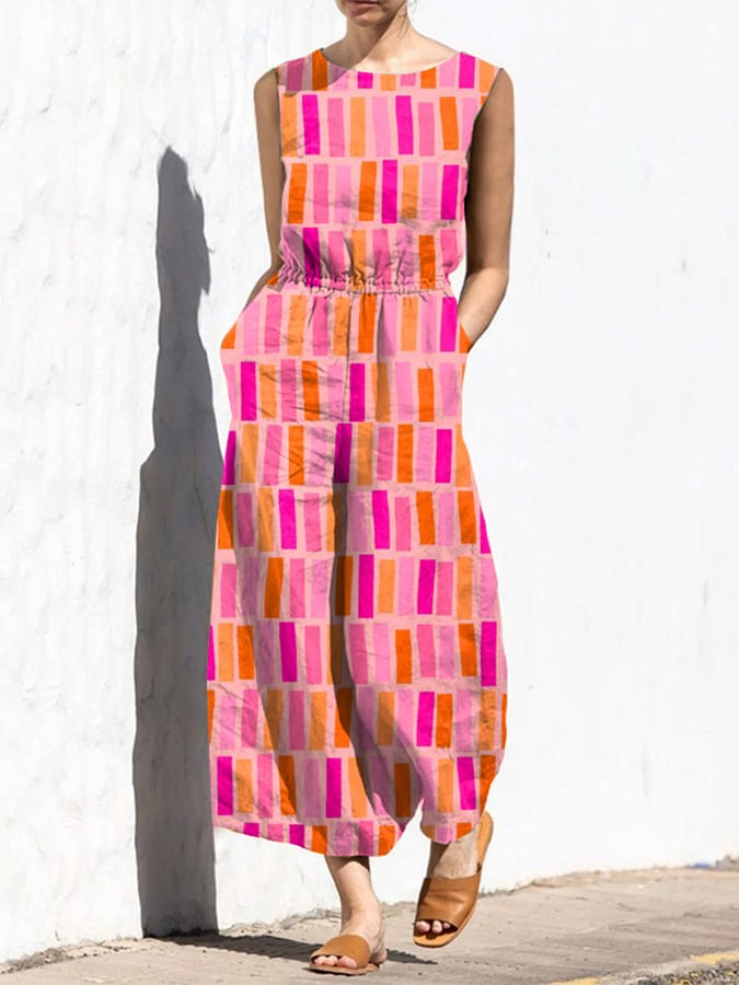 Women's Casual Retro Striped Print Jumpsuit