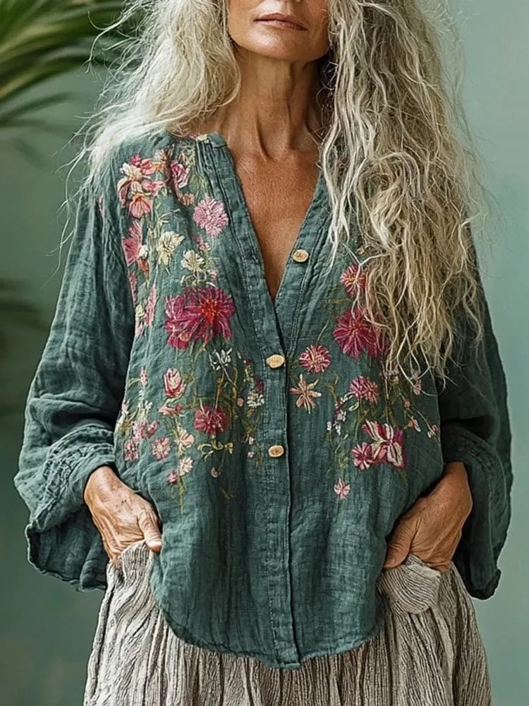 Women's Linen Bohemian Flower Printed Casual Long-sleeve Top Shirt