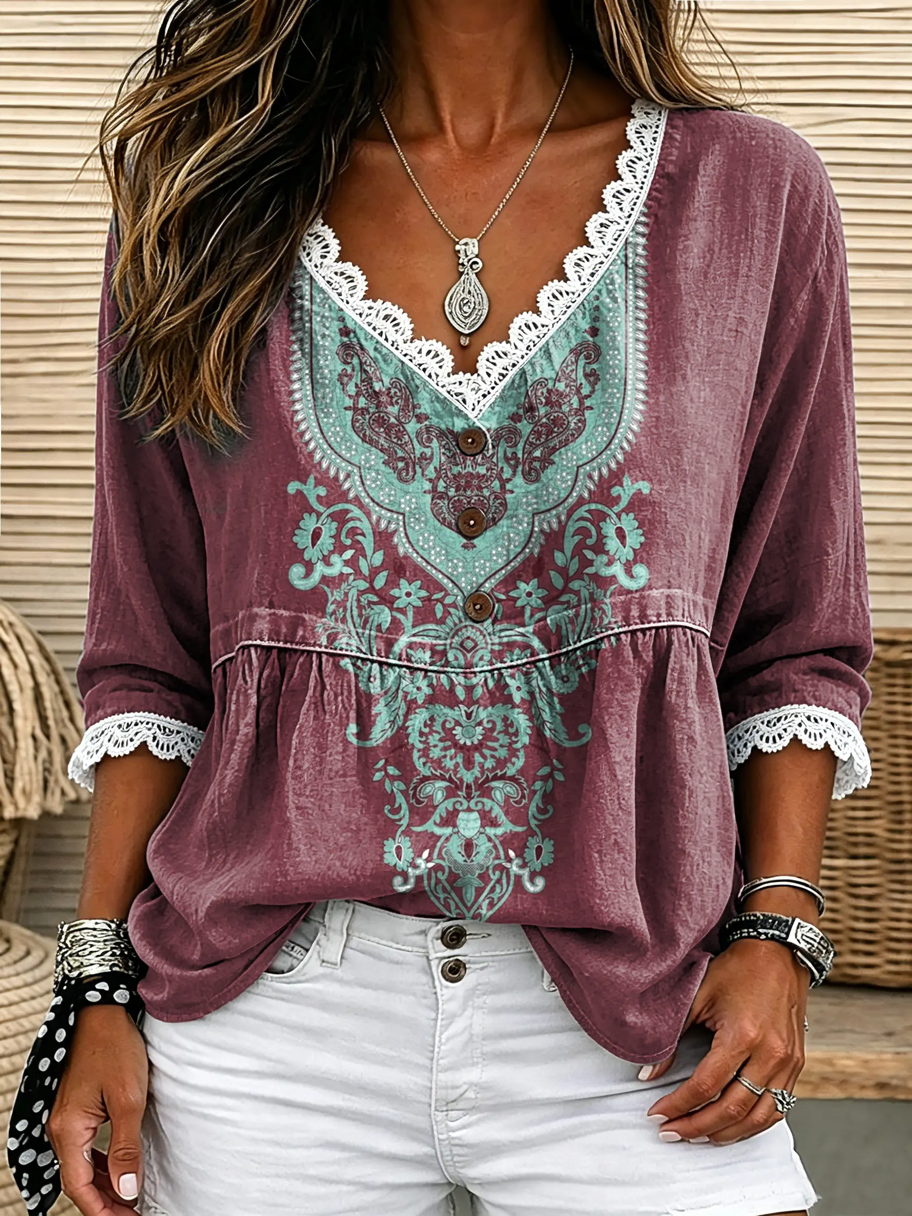 Women's Vintage-Style Ethnic Style Art Print Top with Lace Splicing