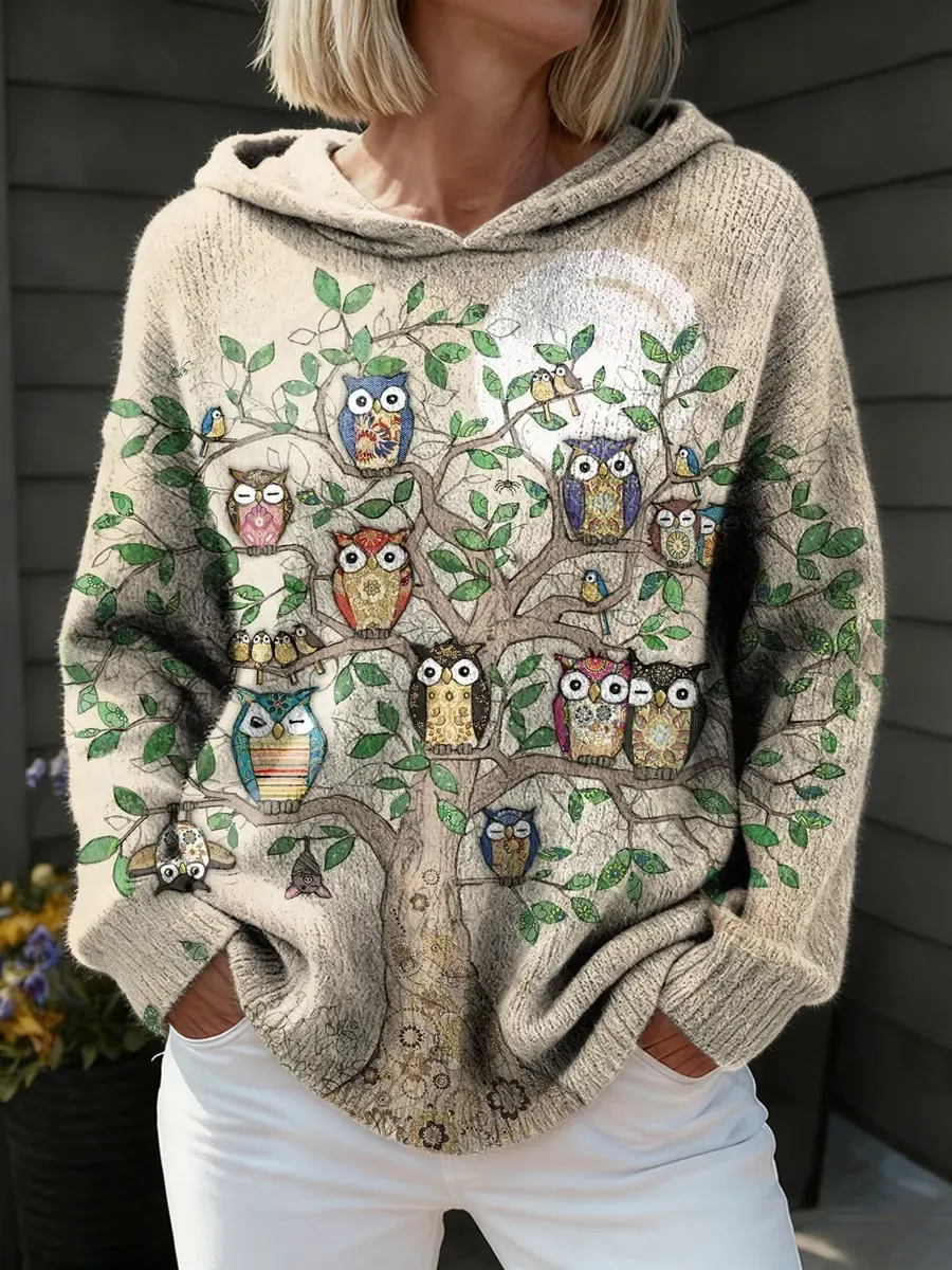 Women's Retro Owl Art Print Comfortable Hooded Knit Sweater