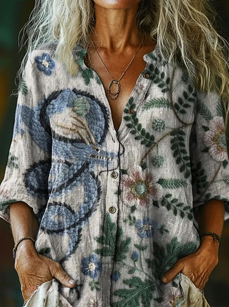 Women's Embroidered Dragon Floral Pattern Art Print Casual Cotton Line