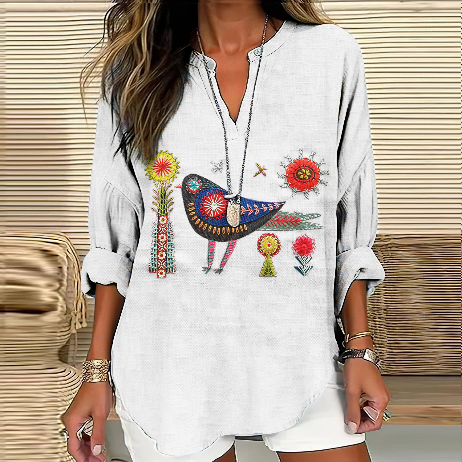 Women's Floral And Bird Embroidery Art Pattern Cotton And Linen V-neck Shirt