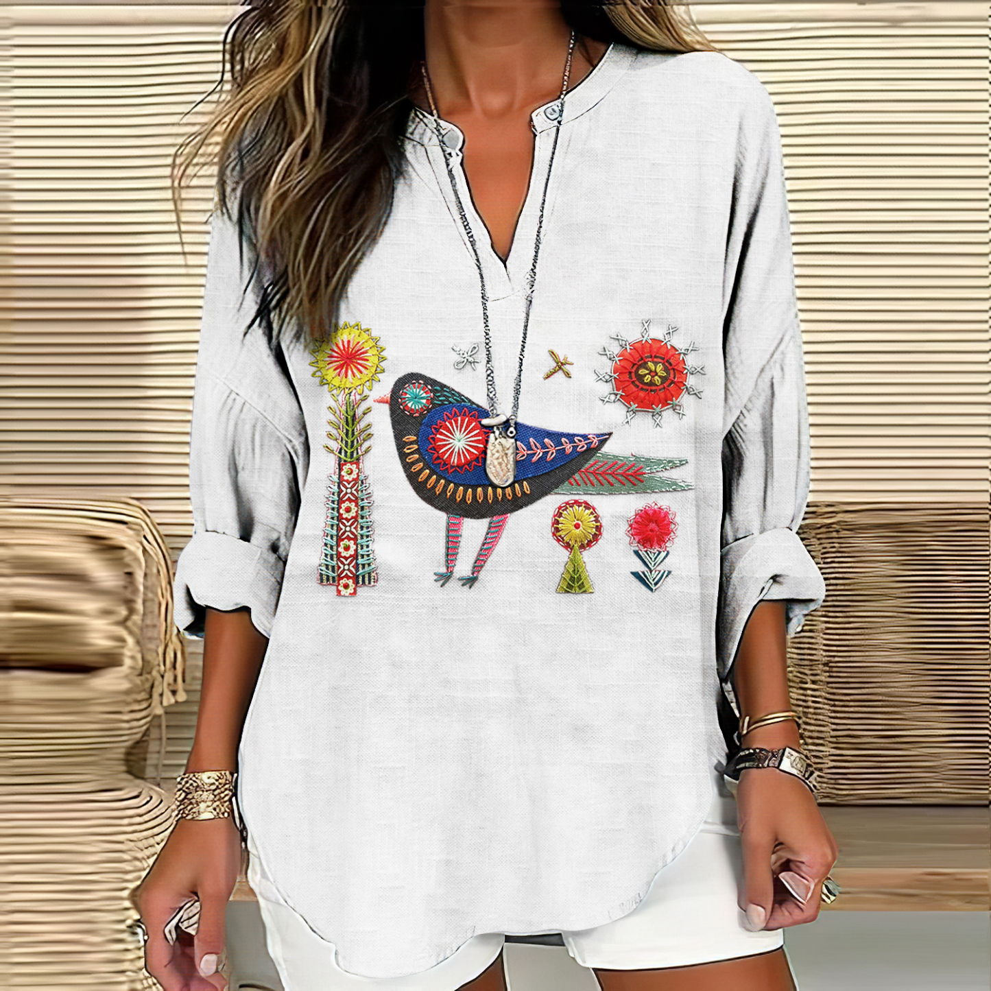 Women's Floral And Bird Embroidery Art Pattern Cotton And Linen V-neck Shirt