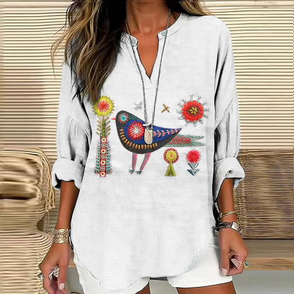 Women's Floral And Bird Embroidery Art Pattern Cotton And Linen V-neck Shirt