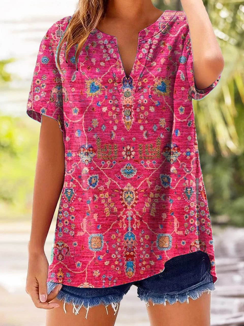 Women's Retro Pink Art Cotton And Linen Shirt