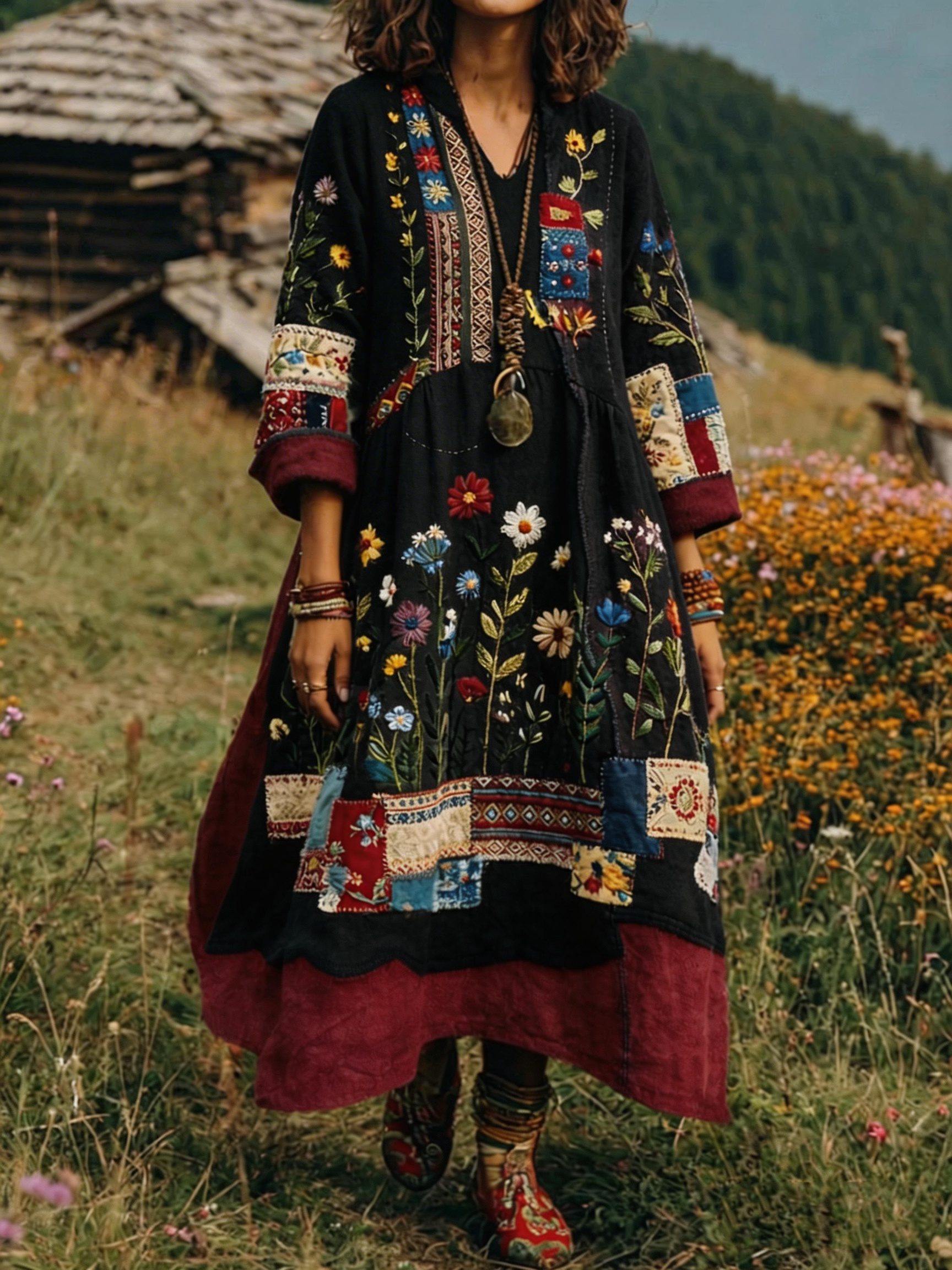 Women's Retro Ethnic Floral Color-Blocked Art Print Casual Long-Sleeve V-Neck Side Pocket Cotton Linen Dress