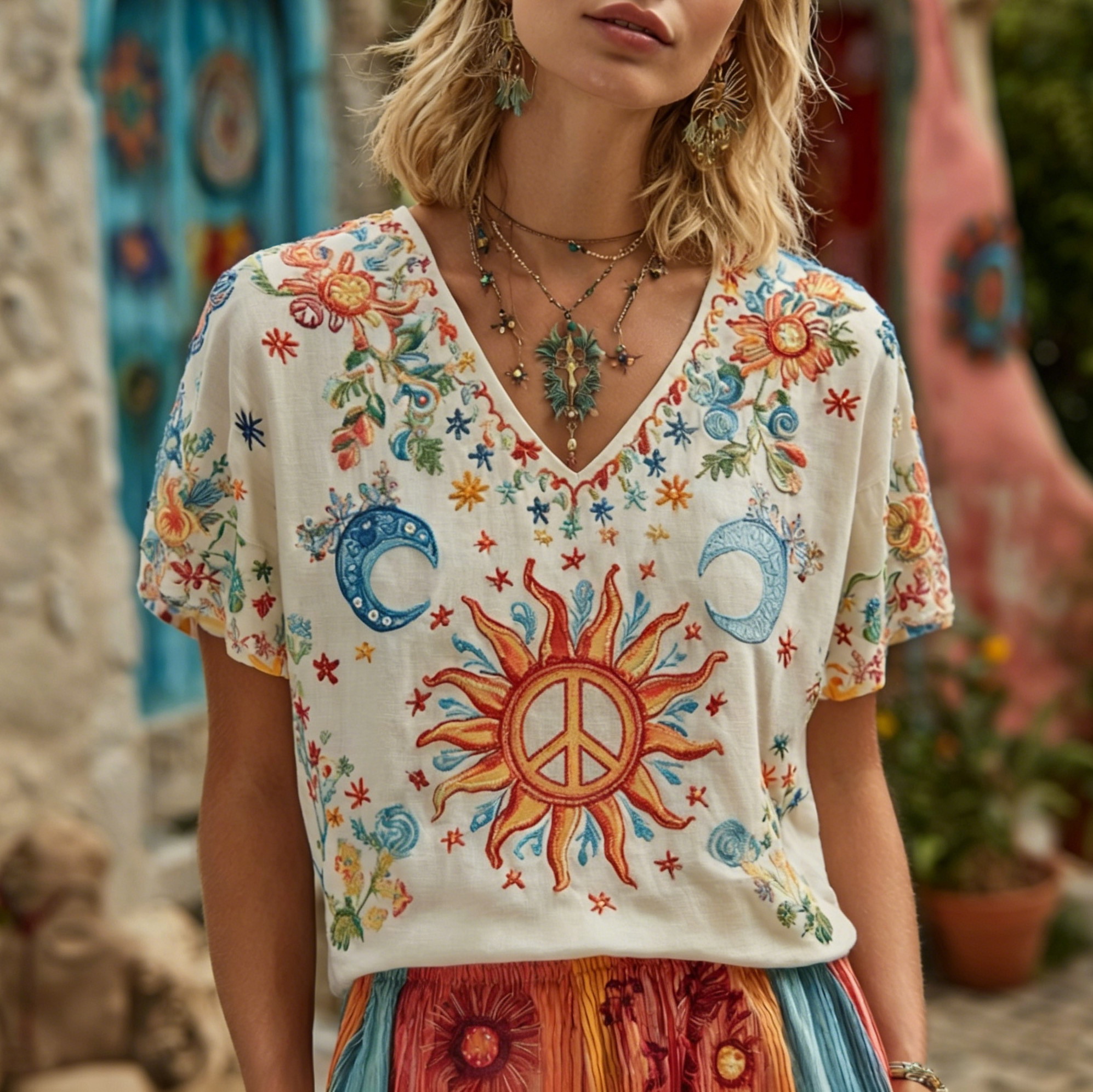 Women's Retro Hippie Style Peace Symbol And Floral Embroidery Casual V-neck T-shirt