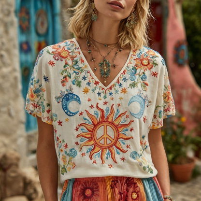 Women's Retro Hippie Style Peace Symbol And Floral Embroidery Casual V-neck T-shirt