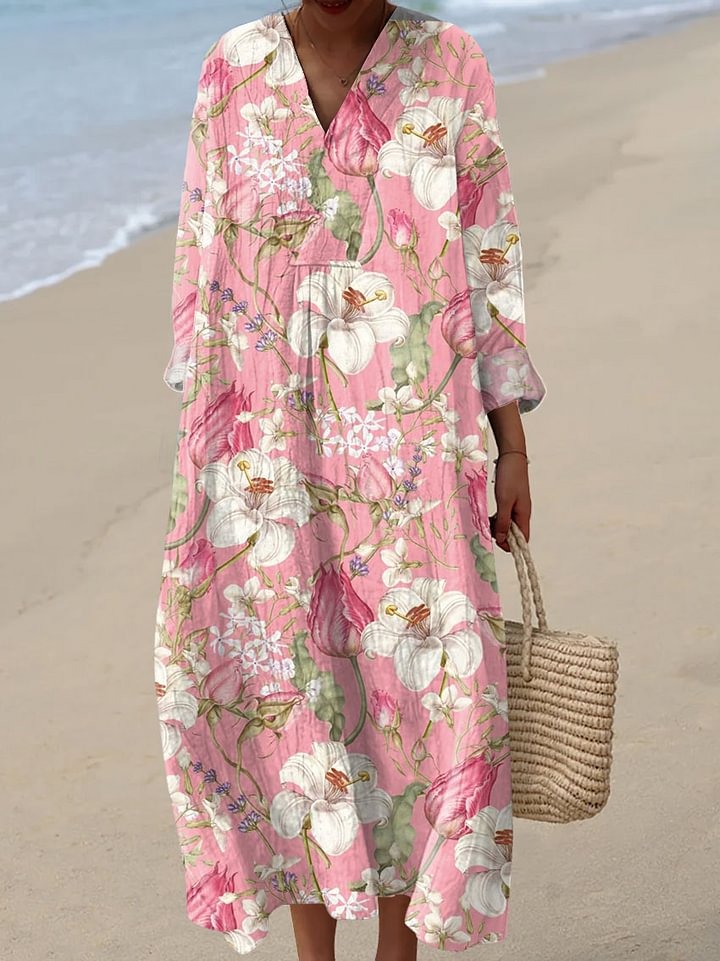 Women's Vintage Floral Art Print Casual Linen V-neck Shirt