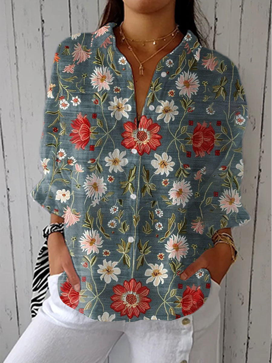 Women's Vintage Flower Art Print Casual Linen V-neck Shirt
