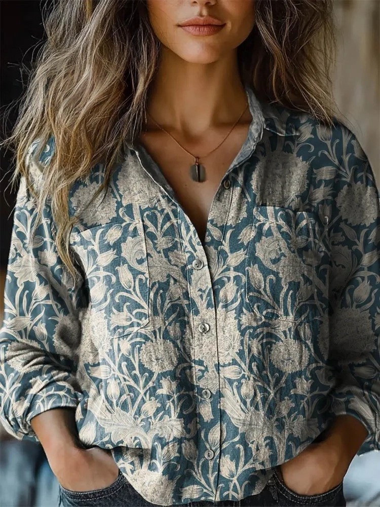 Women's Vintage Lovely Floral Art Print Casual Long Sleeve Comfortable Cotton Shirt