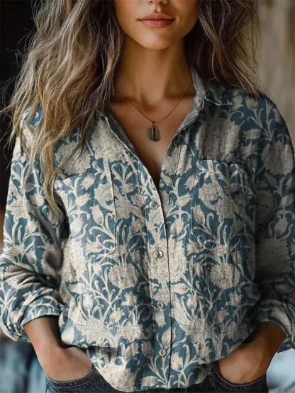 Women's Vintage Lovely Floral Art Print Casual Long Sleeve Comfortable Cotton Shirt