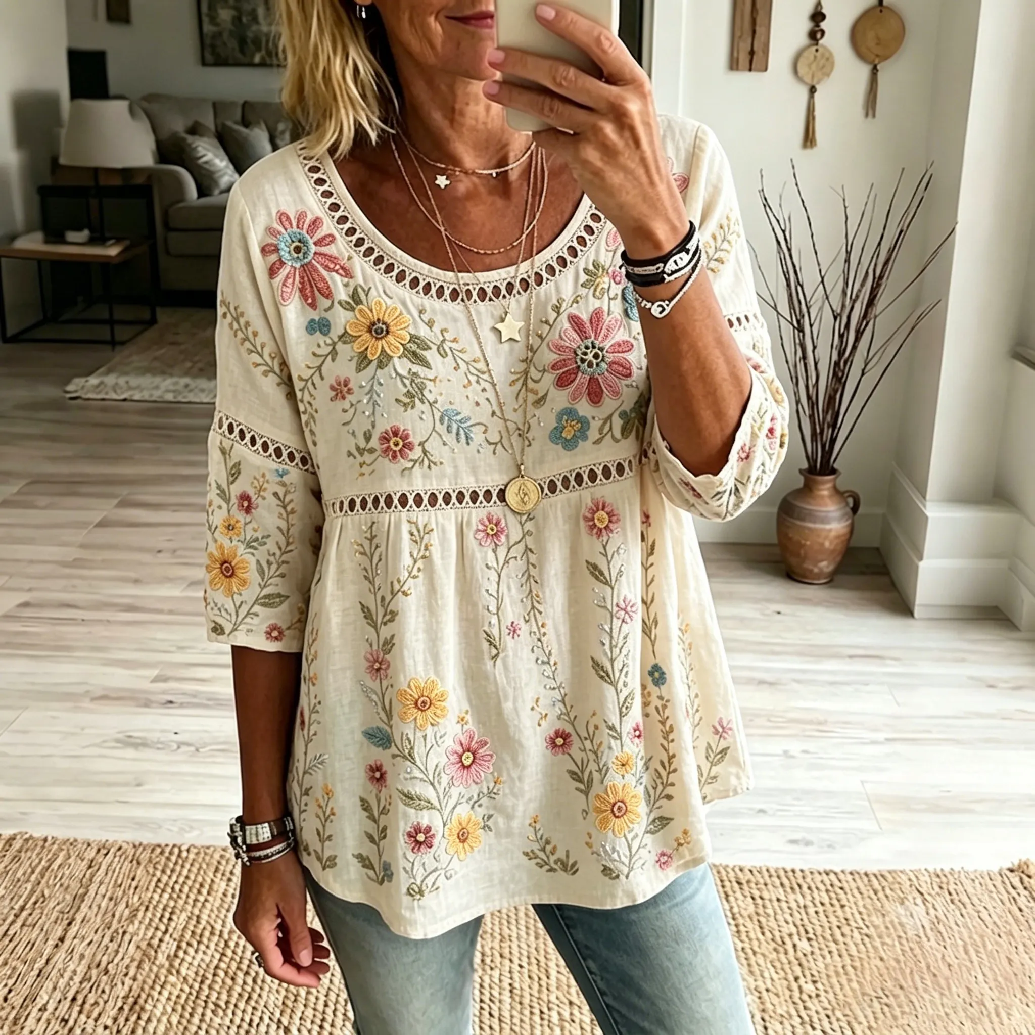 Women's Vintage Floral Art Print Flowy Linen Blend Linen Blend Three-quarter Sleeve Casual Tops