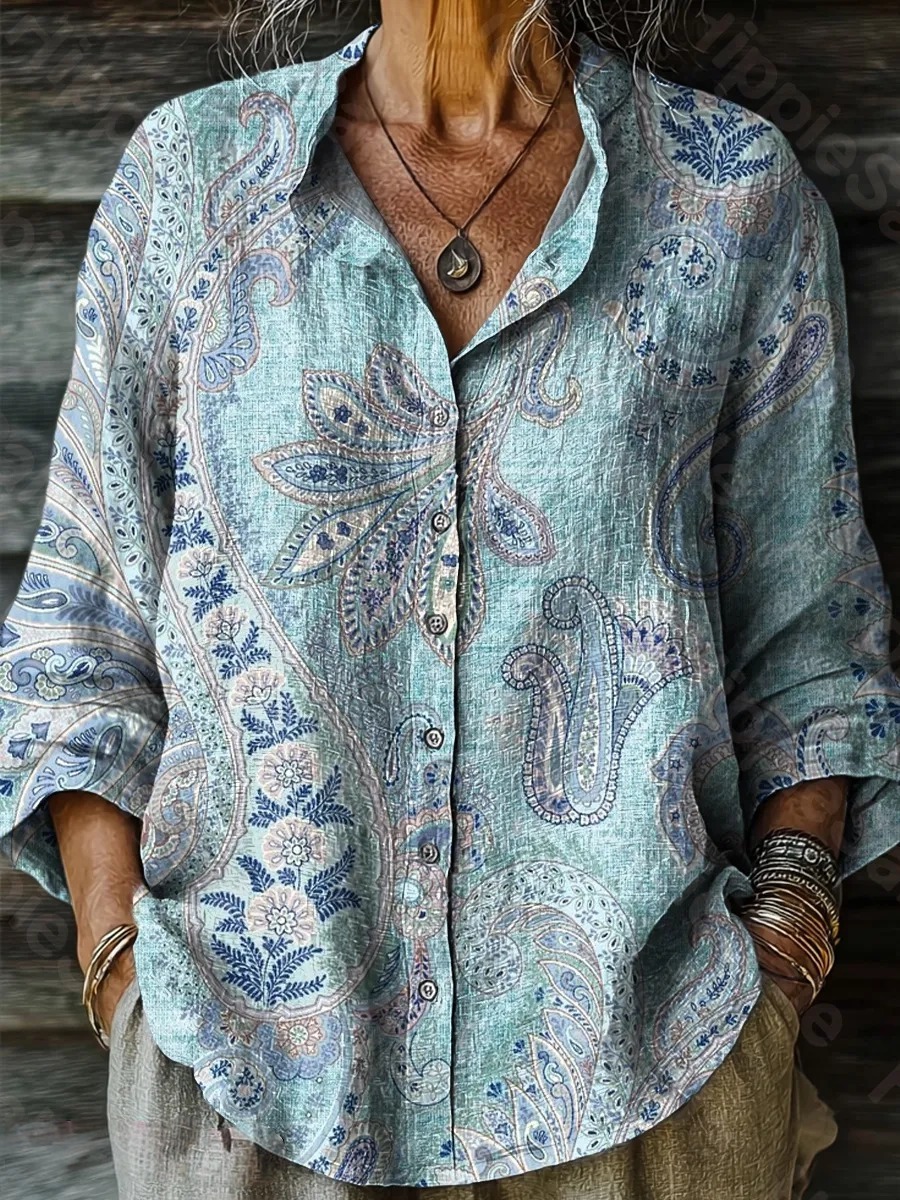 Women's Vintage Paisley Floral Art Print Casual Cotton Linen Shirt