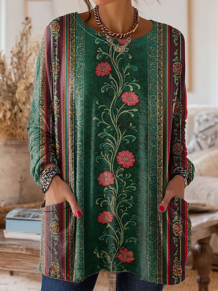 Women's Retro Bohemian Floral Patchwork Art Print Casual Long-Sleeve T