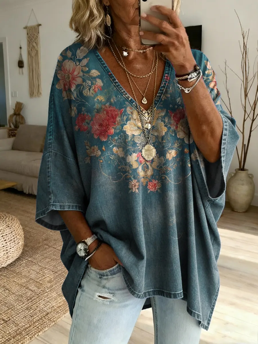 Vintage Flowers Women's Art Print Casual Washed Cotton Denim Top
