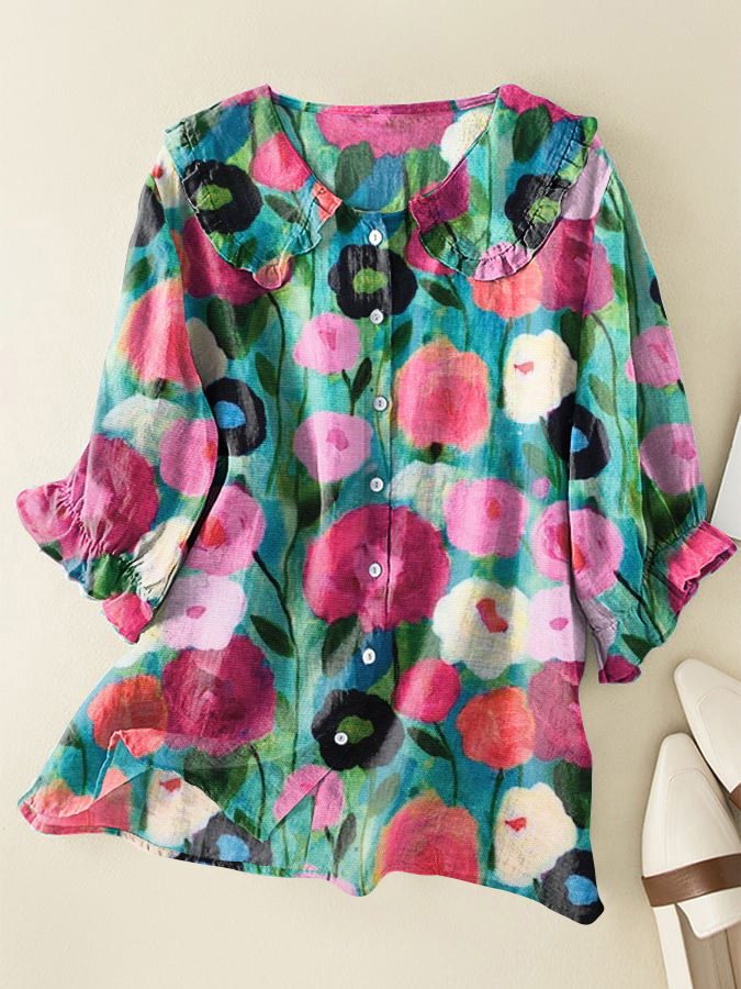 Vintage Colorful Floral Art Cotton and Linen Peter Pan Ruffle Collar Shirt