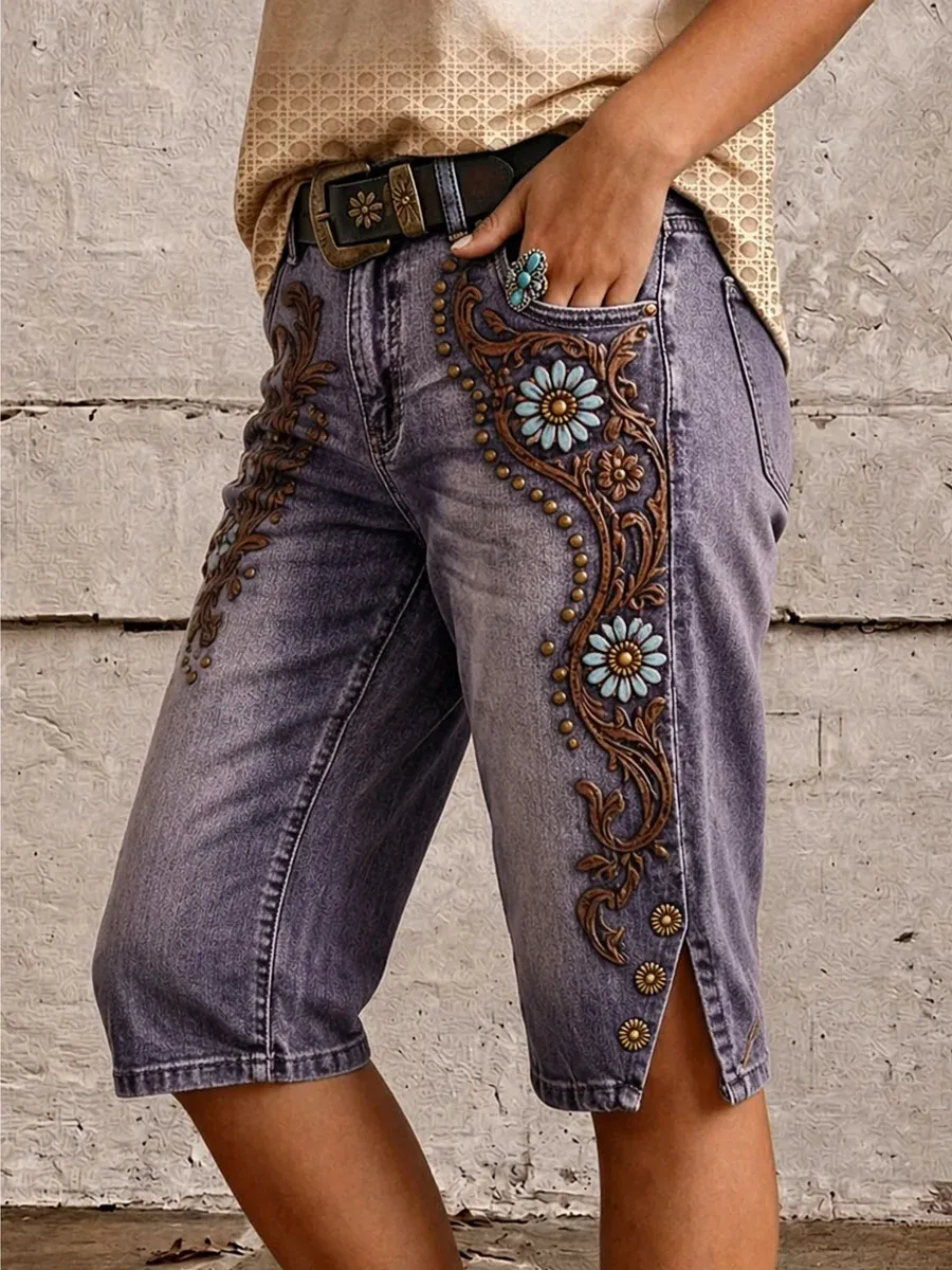 Women's Western Floral Scroll Print Mid-Length Split Hem Denim Bermuda Shorts