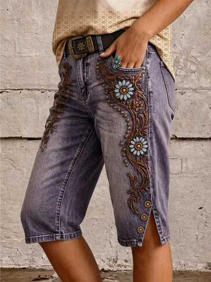 Women's Western Floral Scroll Print Mid-Length Split Hem Denim Bermuda Shorts