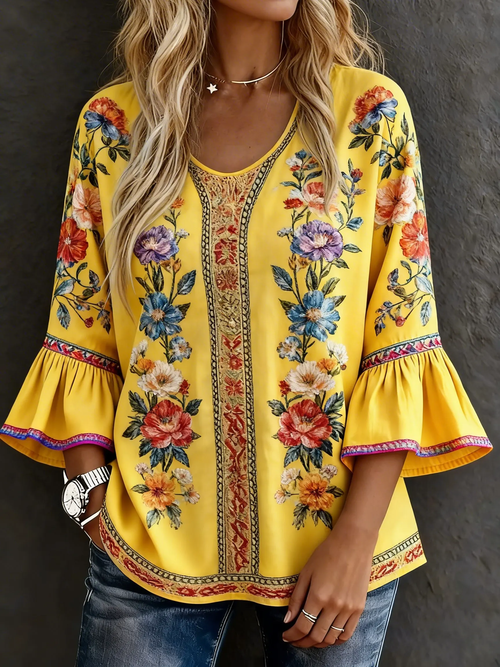 Women's Casual Multicolor Floral Art Prints Cotton Shirt