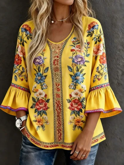 Women's Casual Multicolor Floral Art Prints Cotton Shirt