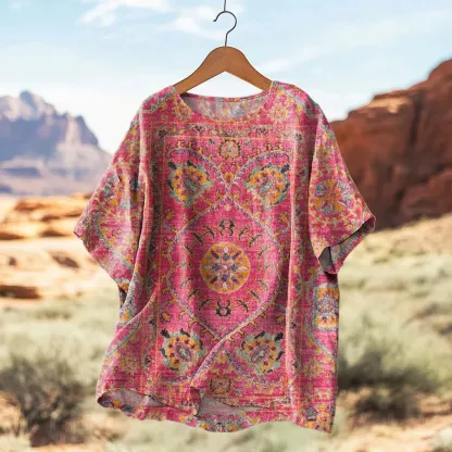 Women's Colorful Retro Totem Art Print V-neck Casual T-Shirt