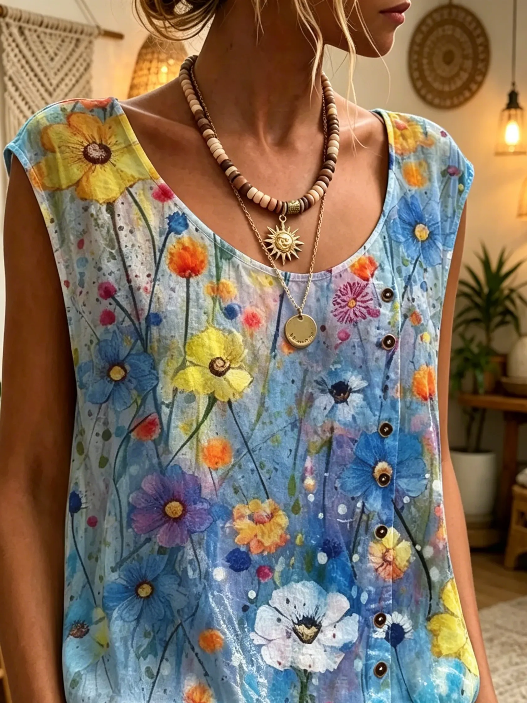 Ethnicity Bohemia Flowers Tie Dye Women's Art Print Casual Round Neck No Sleeve Cotton Shirt