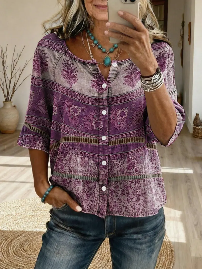 Women's Bohemian Ethnic Floral Art Print Casual Cutout Top