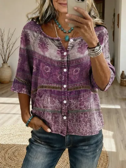 Women's Bohemian Ethnic Floral Art Print Casual Cutout Top