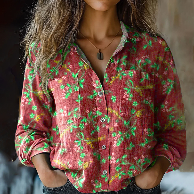 Bohemian Style Floral Linen Print Long Sleeve Shirt