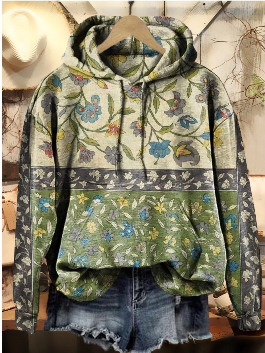 Women's Retro Floral Pattern Artistic Print Casual Round Neck Long Sleeve T-Shirt