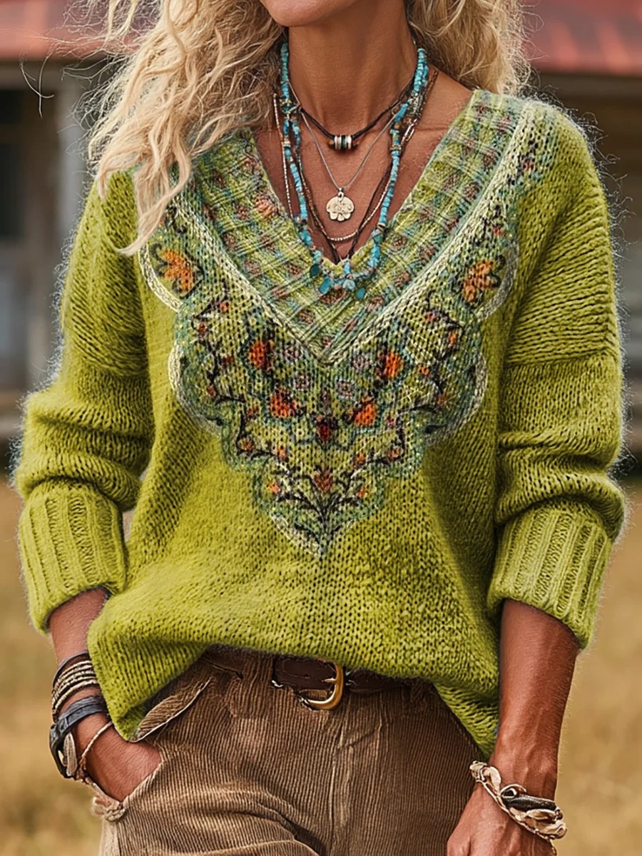 Women's Ethnic Floral Wave Patchwork Art Print Comfortable V-neck Knit Sweater