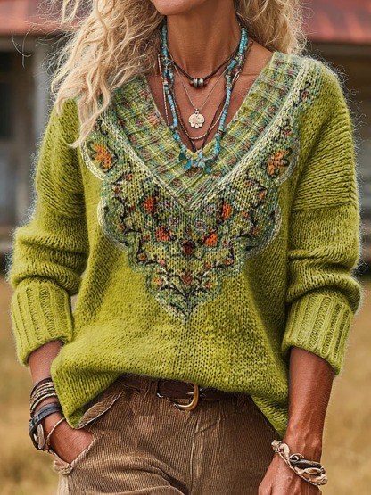 Women's Ethnic Floral Wave Patchwork Art Print Comfortable V-neck Knit Sweater