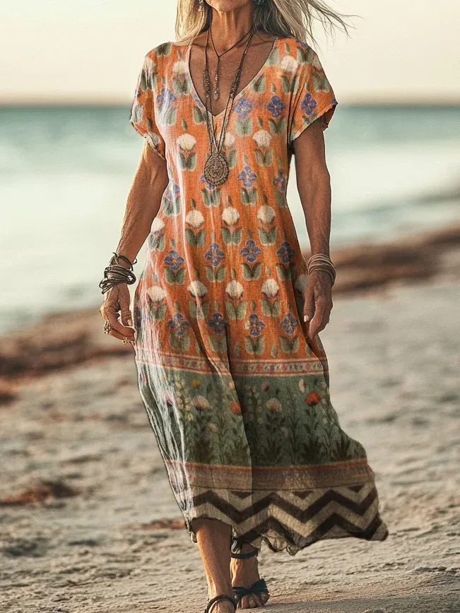 Women's Vintage Floral Collage Art Pattern Print Casual Cotton And Linen Shirt