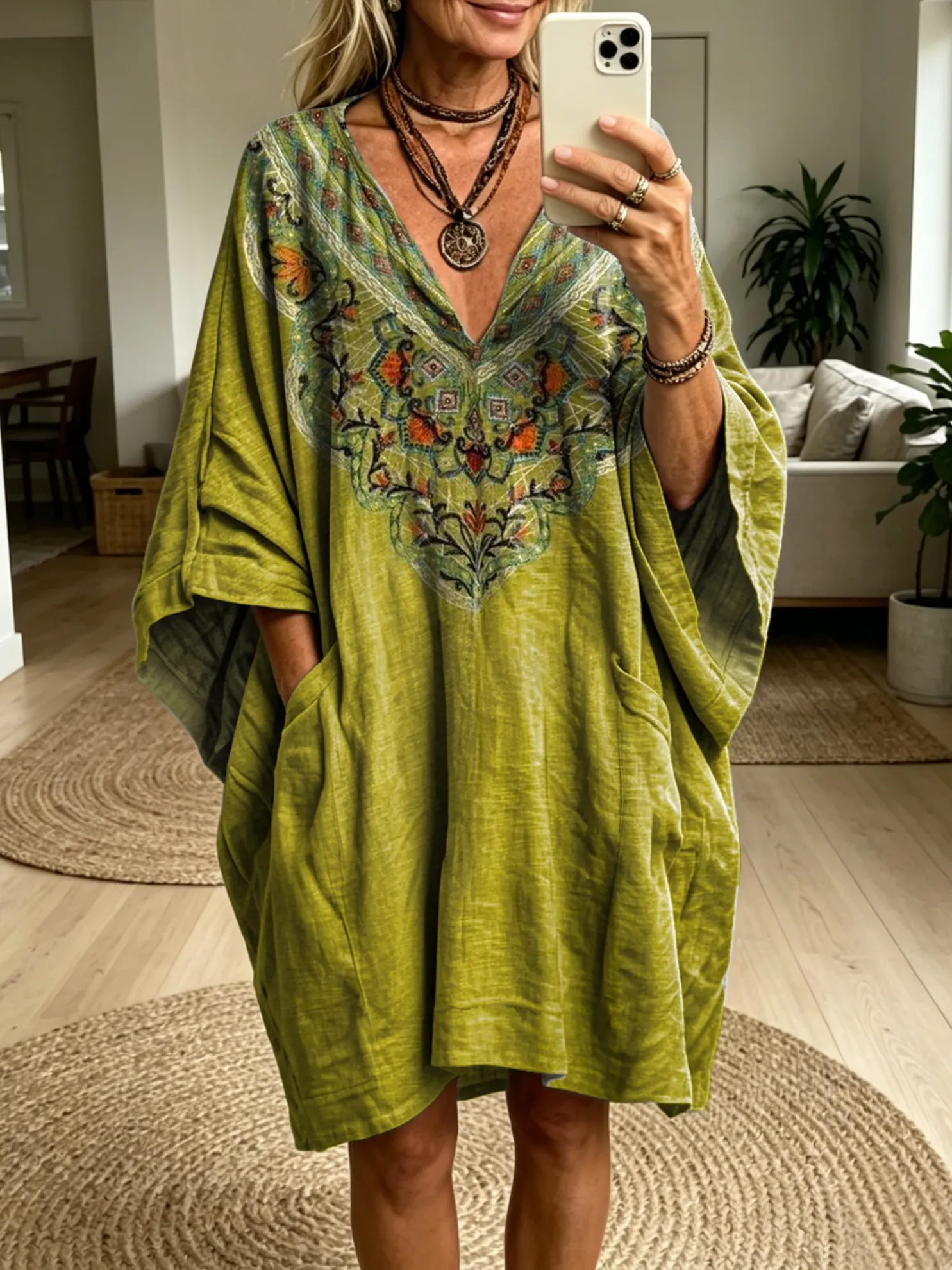Women's Bohemian Green Ethnic Floral Art Print Casual Fashion Batwing Sleeve Dress