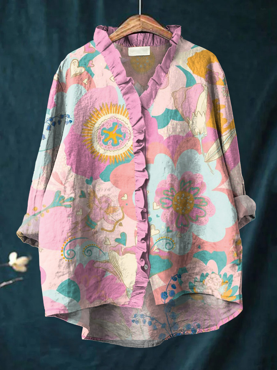 Women's Beautiful Colorful Big Flower Angel Painting Art Print Casual Cotton And Linen Ruffle Shirt