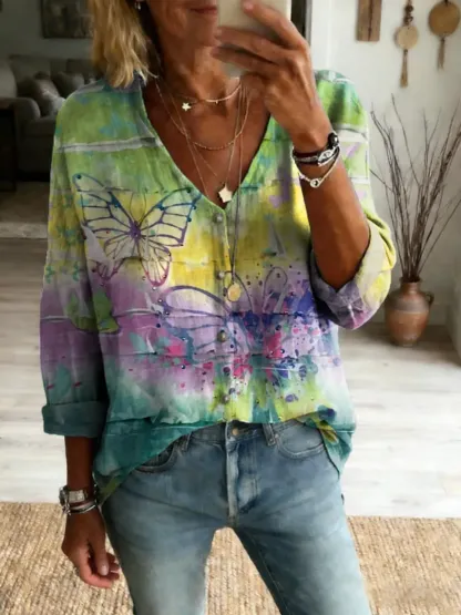 Women's Retro Hippie Tie-Dye Butterfly Art Print Casual Linen V-Neck Shirt