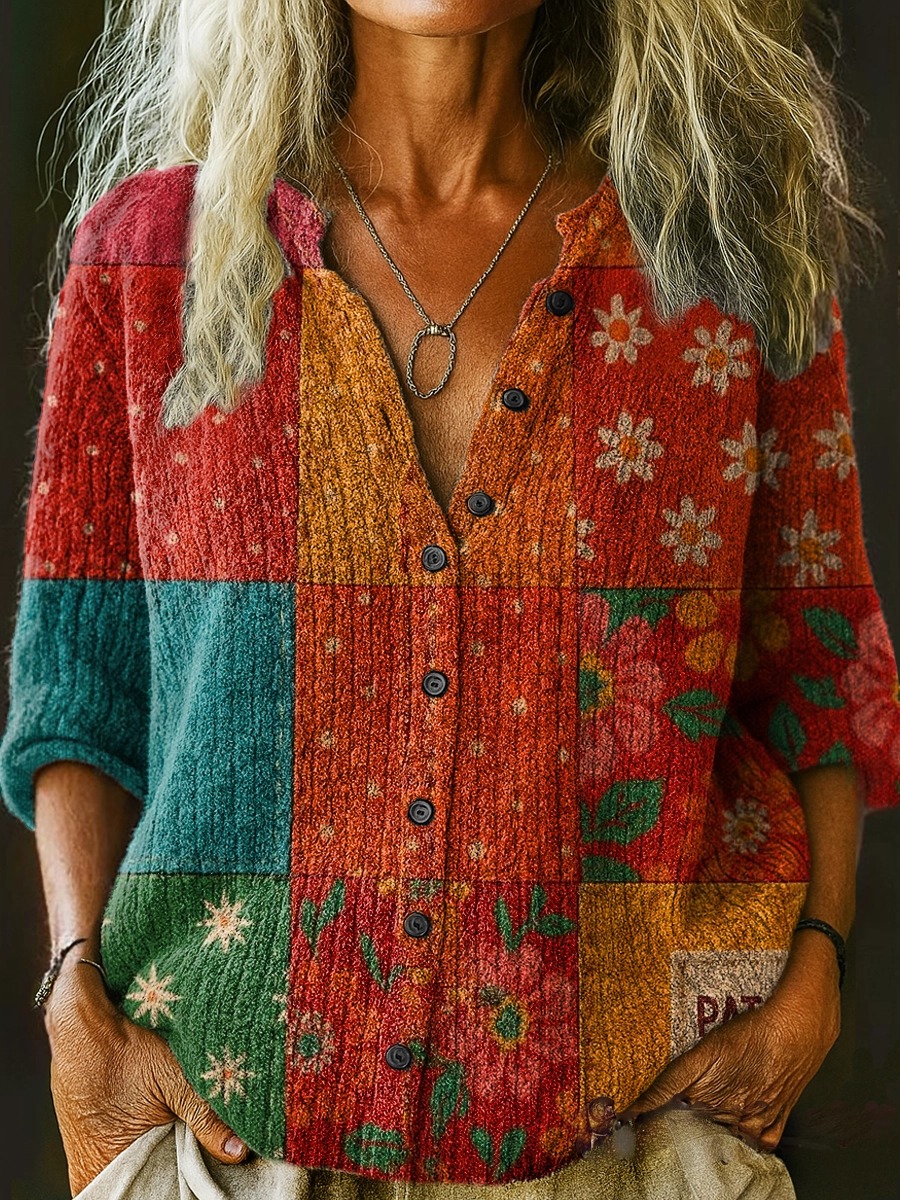 Women's Bohemian Floral Collage Art Pattern Print Buttoned Cardigan Sweater