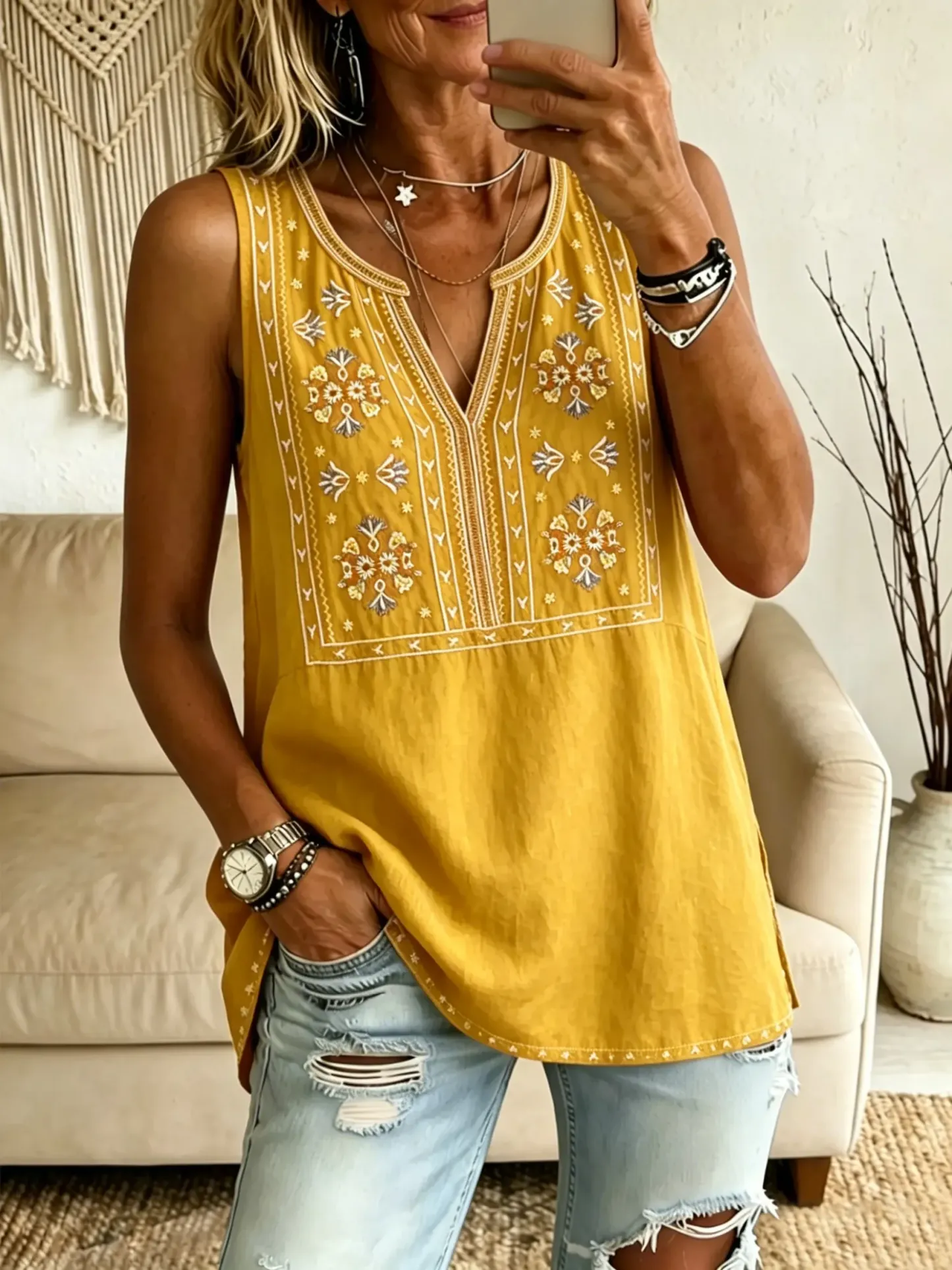 Women's Ethnic Geometric Floral V-Neck Sleeveless Tank Top