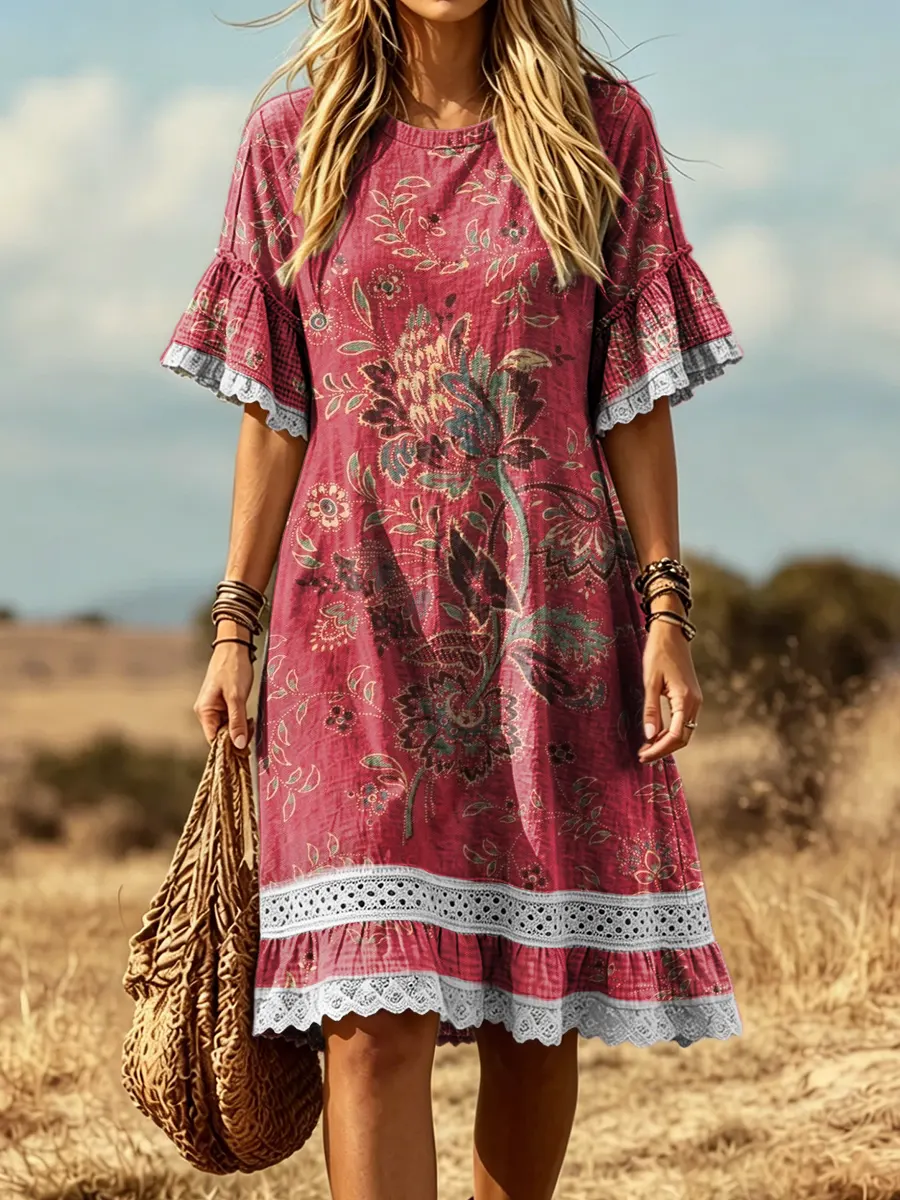 Women's Botanical Floral Print Lace Trim Midi Dress