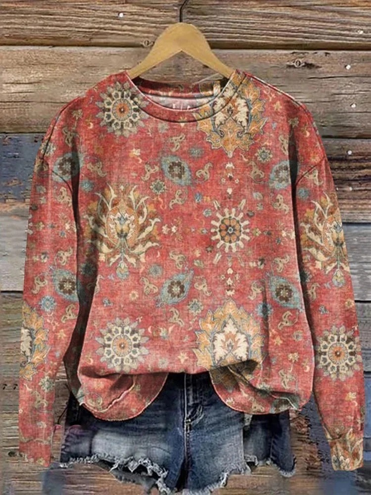 Women's Retro Ethnic Totem Pattern Casual Linen V-neck Shirt