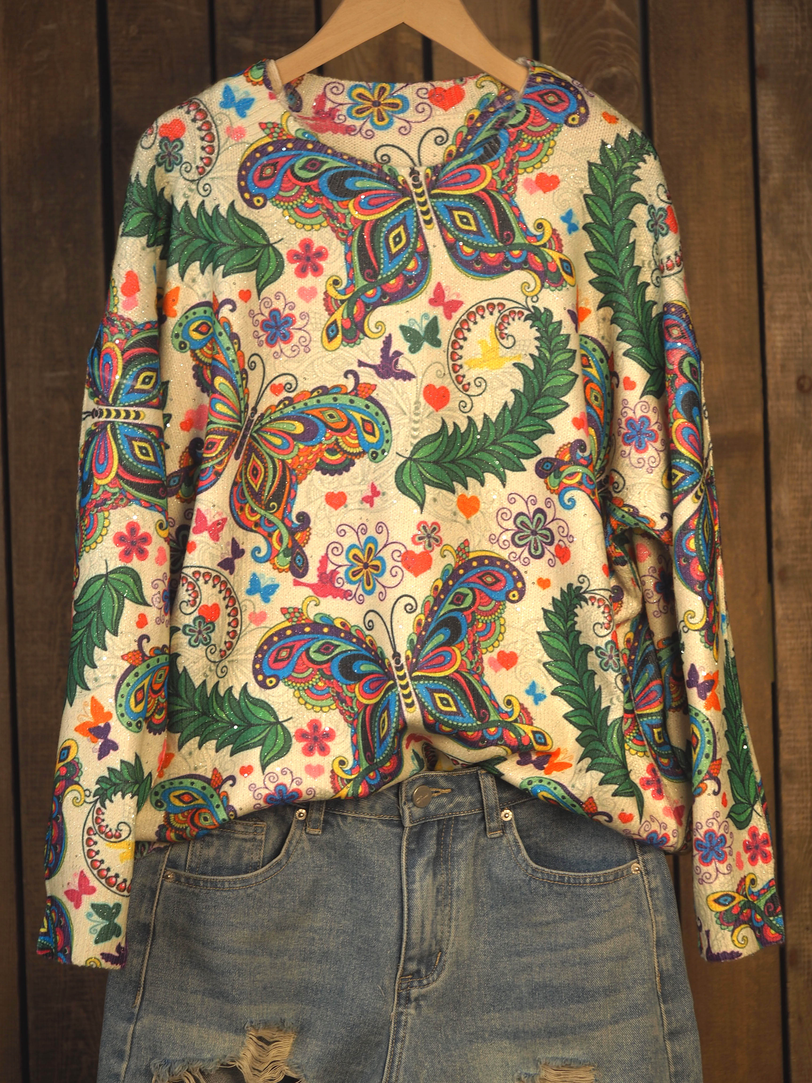 Butterfly Sequins Print Knit Pullover Sweater