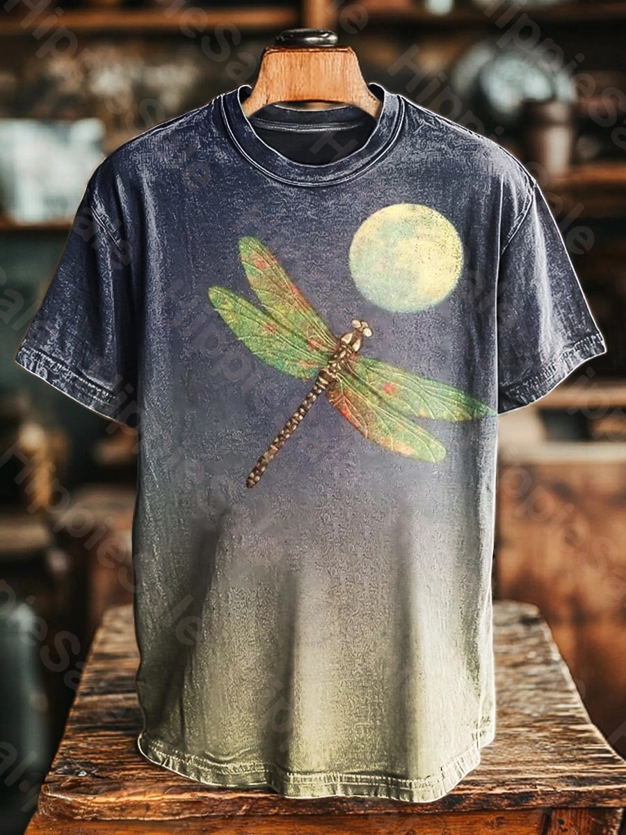 Women's Vintage Dragonfly Moon Art Print Casual Long Sleeve T-shirt
