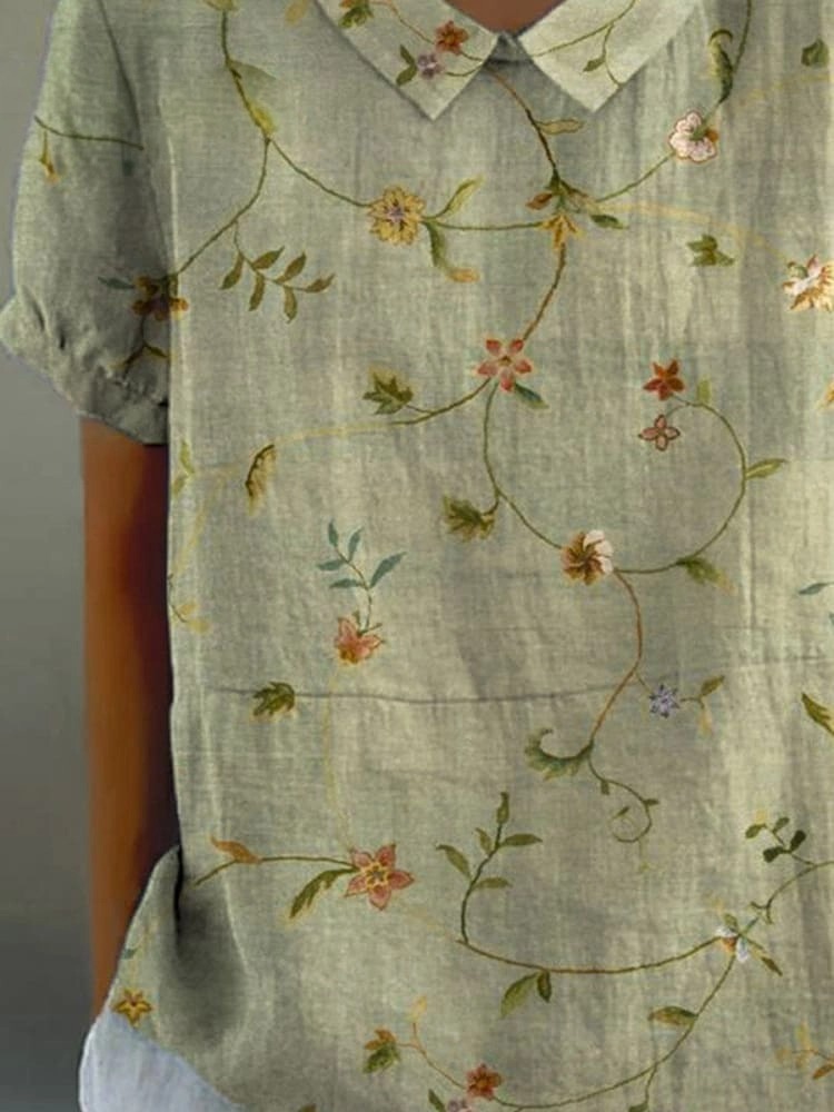 Women's Retro Floral Art Print Casual Cotton And Linen Shirt