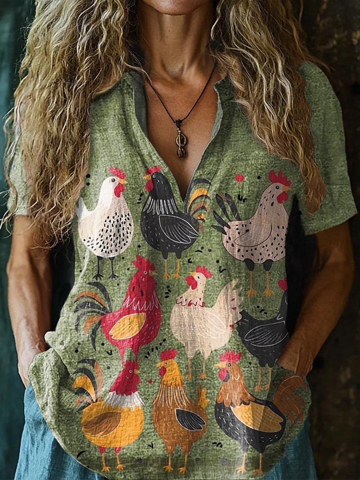 Women's Retro Cute Chicken Art Print Casual Cotton Linen Shirt