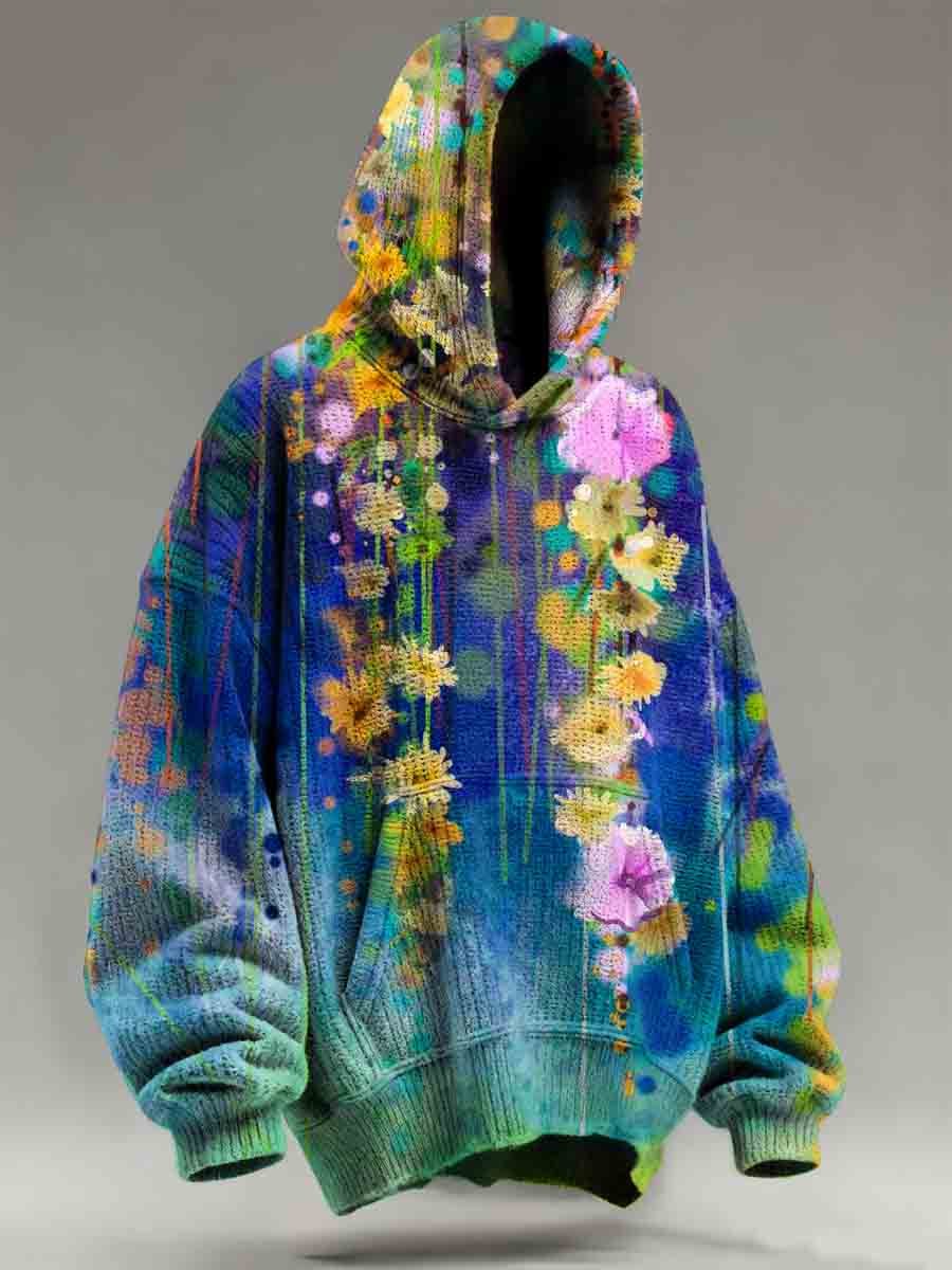 Gradient Floral Waterfall Print Knit Pullover Hooded Sweater