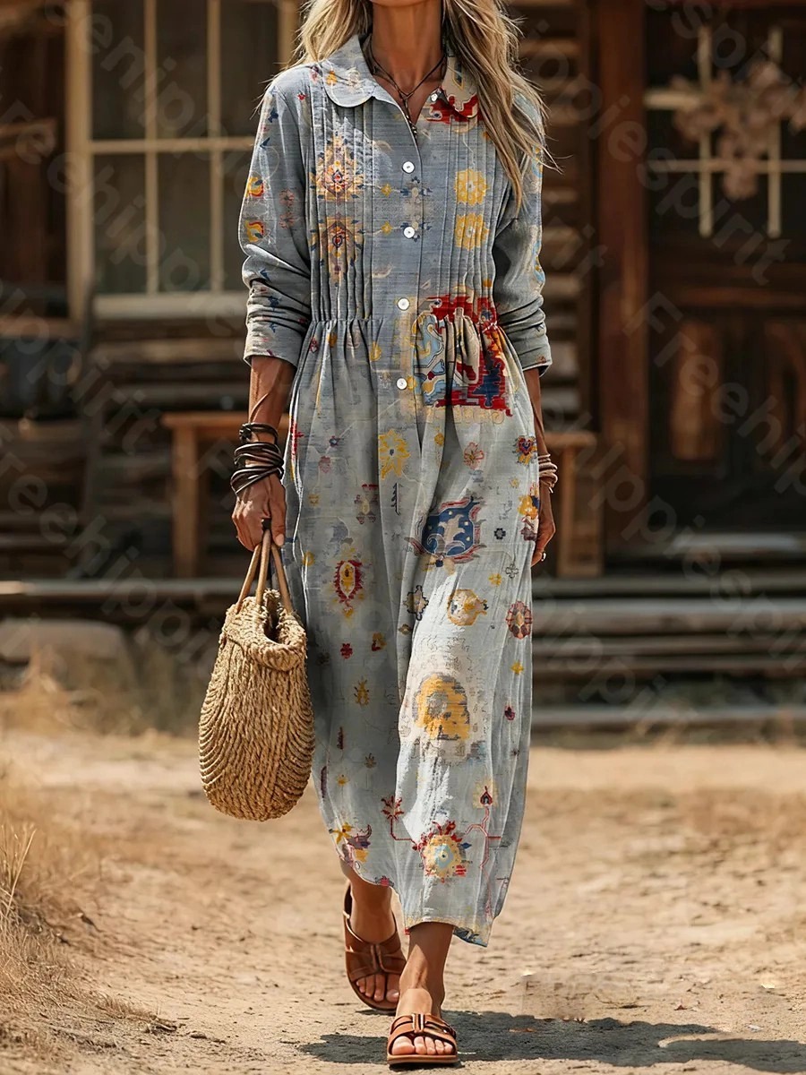 Women's Vintage Ethnic Art Print Casual Long-Sleeve Cotton-Linen Blend