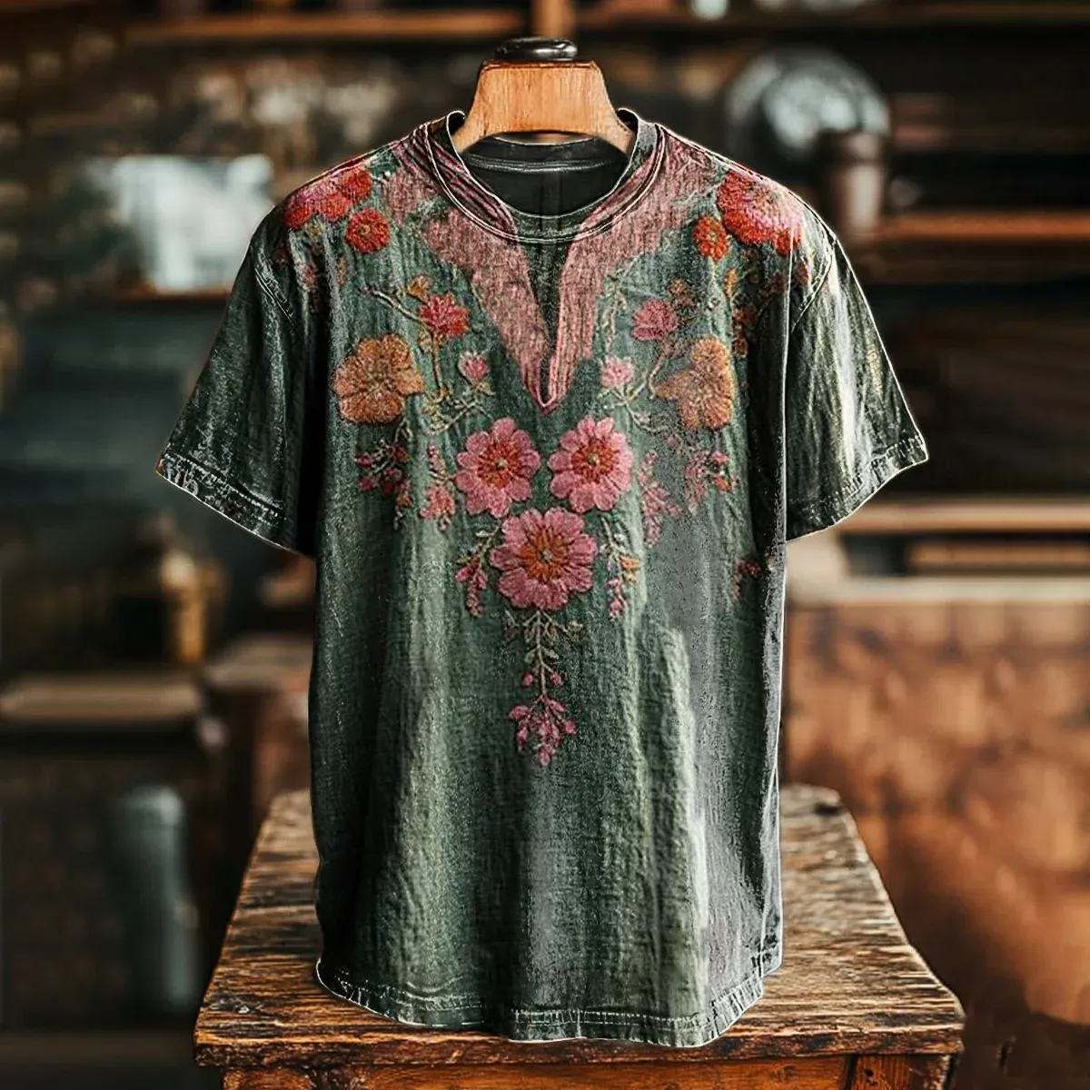 Women's Vintage Floral Pattern Art Print Casual Cotton Linen Shirt