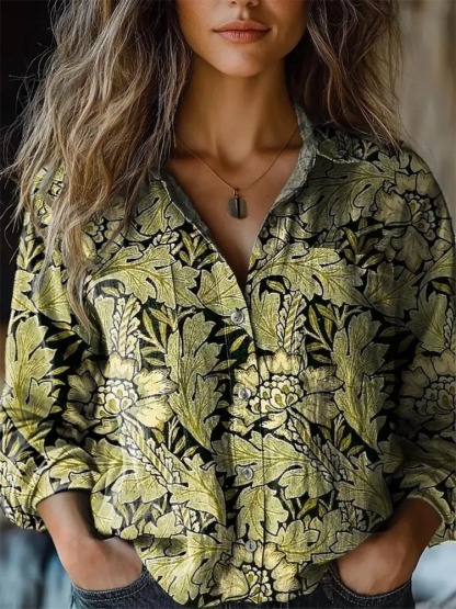 Women's Vintage Lovely Floral Art Print Casual Long Sleeve Comfortable Cotton Shirt